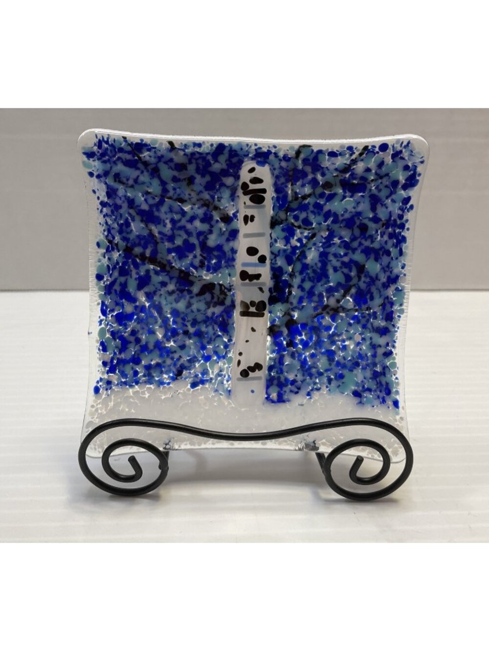 Fused Art Glass Square Trinket Dish 4”x 4” Winter Tree Snow Night Signed - EUC